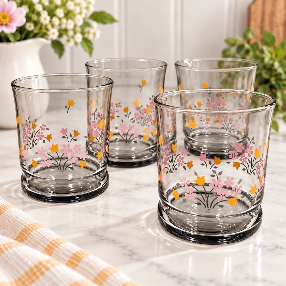 VTG Libbey Glass 1980s Smokey Glass Rocks Tumblers Floral Tulip Daisy Set of 4
